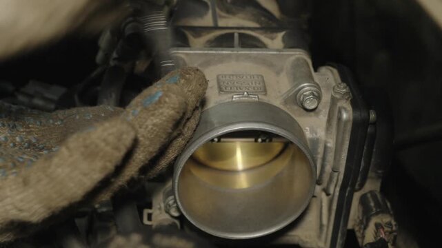 Mechanic hands in gloves inspecting a clean car throttle body valve.