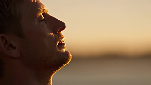 Bathed in golden sunset light, a man peacefully closes his eyes and inhales deeply, savoring a moment of pure serenity and reflection outdoors.
