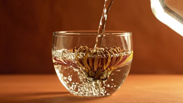 Hot water is poured from a glass pitcher into a cup with a dried chrysanthemum. As the cup fills, the flower begins to bloom amidst rising bubbles against a warm background.