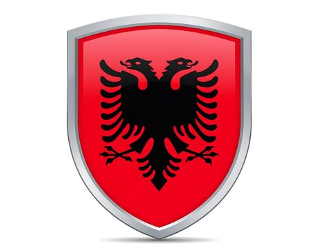 A red shield with a silver border features a black double-headed eagle