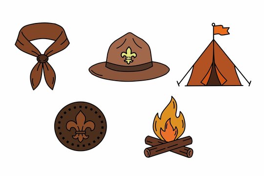 Scout Camping Icons Set &ndash; Neckerchief, Scout Hat, Tent, Badge and Campfire Flat Illustration