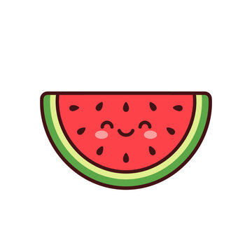 Semicircular watermelon slice with cute face and seeds.