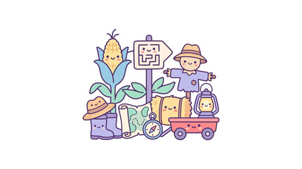 Naklejka premium Set of kawaii fall season and harvest adventure icons.