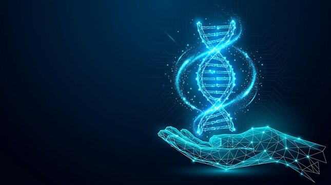 Sophisticated digital art of a glowing blue DNA double helix floating above a futuristic holographic human hand for biotechnology and genetic research