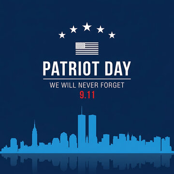 Patriot Day 9.11 memorial graphic. September 11 remembrance banner with city skyline.