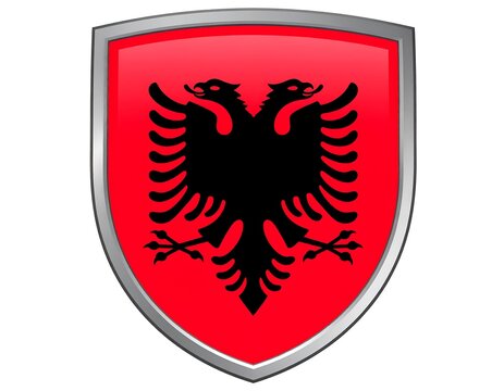A red shield with a silver border featuring a black double-headed eagle