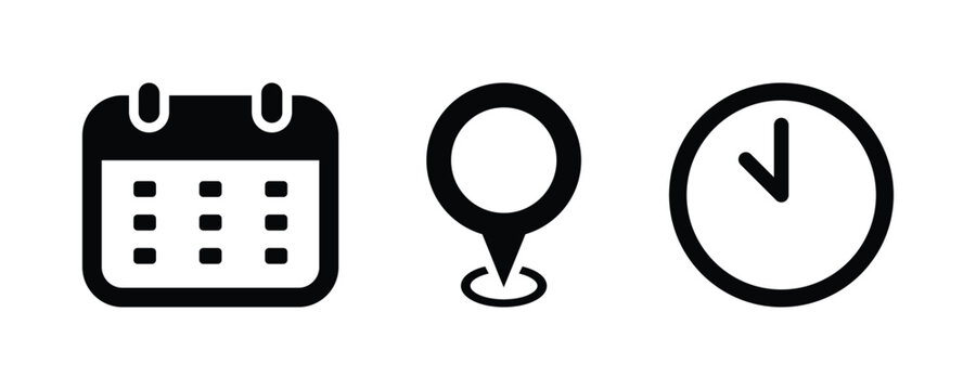 Modern address, time, calendar date icon on black circular shape. Calendar icon symbol, clock sign and location icon vector design used on website contact pages, mobile app and user profiles.