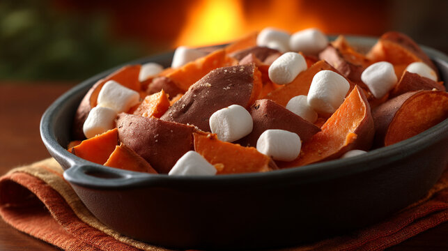 Baked sweet potato casserole topped with melted marshmallows in dark dish, marshmallow