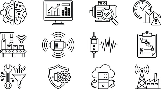 Industrial smart manufacturing linear icon set featuring predictive maintenance automation data analytics and smart factory systems