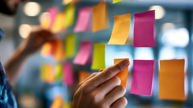 Person's hands organizing ideas on a glass board with colorful sticky notes in a modern office.