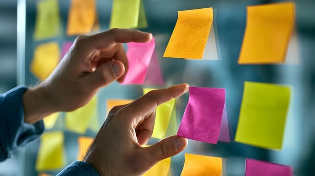 Person's hands organizing ideas on a glass board with colorful sticky notes in a modern office.
