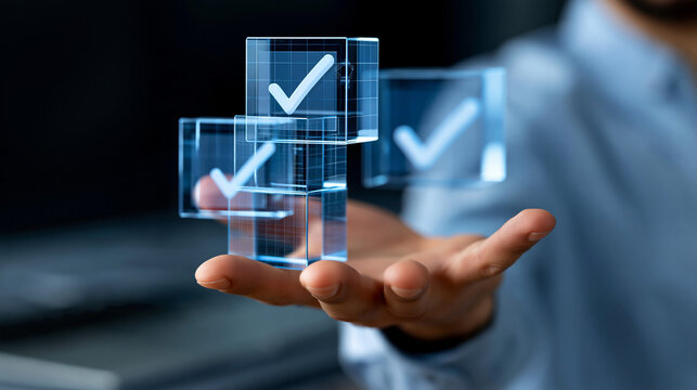 Faceless hand stacking digital approval icons on a virtual interface, business governance and audit trail concept, with copy space