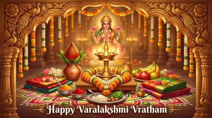 Fototapeta premium Happy Varalakshmi Vratham Vector Background with Goddess Lakshmi, Brass Diya Lamp, Kalash, Traditional Silk Sarees, Kumkum, Fruits, and Lotus Flower Setup for Hindu Festival Banner and Social Media Po