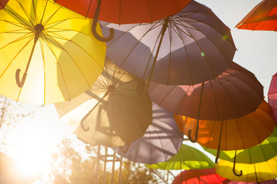 Sunlight filters through yellow, purple, and brown umbrellas in an outdoor installation, colorful festival decoration, creative background.