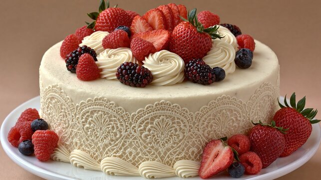 Elegant white cake adorned with fresh berries and intricate frosting details.