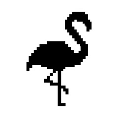 Fototapeta premium Solid black pixel art flamingo icon.