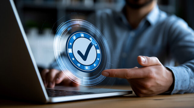 Quality assurance certification interface with a faceless businessman presenting an approved badge on a laptop, compliance verification concept, with copy space