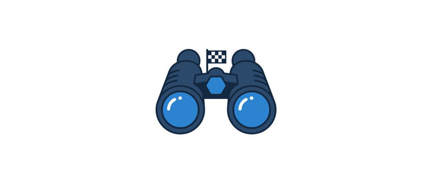 Blue binoculars with checkered flag icon for sport scouting vector
