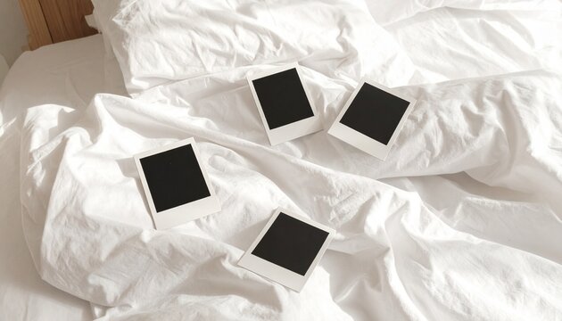 A collection of blank polaroid style frames scattered carelessly across the soft white crumpled sheets of a messy unmade bed creating a cozy minimalist aesthetic