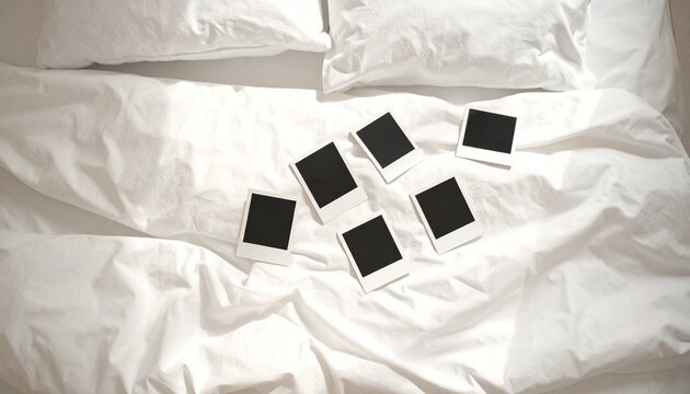 Several blank vintage polaroid photo frames scattered carelessly on a soft wrinkled white cotton bed sheet creating a minimalist aesthetic lifestyle background