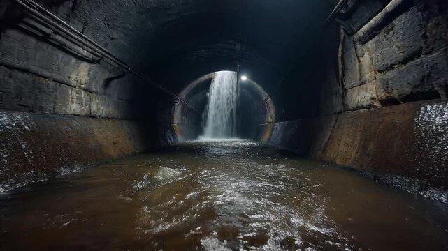 Underground waterfall, dark industrial tunnel with flowing water stream and illuminated cavern walls, cinematic steady shot, mysterious atmosphere, for environmental discovery or urban exploration
