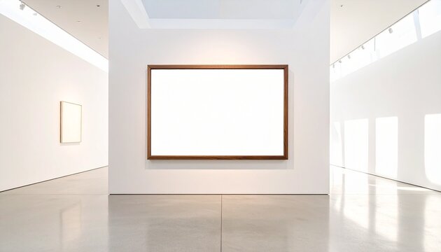 Empty Large Horizontal Wooden Frame Hanging on White Gallery Wall for Art Exhibition Display or Minimalist Interior Design Presentation Concept