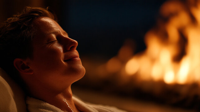 Relaxed man resting near cozy fireplace at night with home life relaxing fireplace