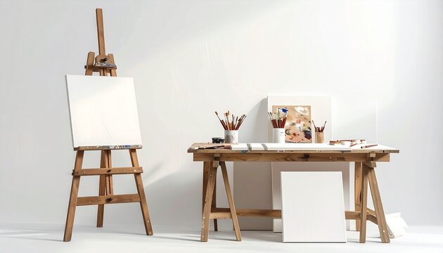 Wooden Artist Easel and Crafting Workbench with Blank Canvases in a Sunlit Minimalist Studio Environment for Creative Painting Projects