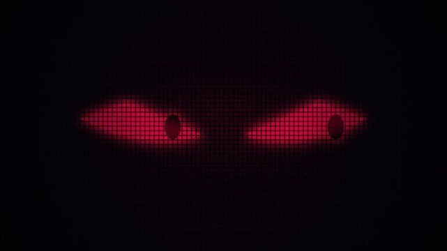Glowing red digital eyes blinking in darkness