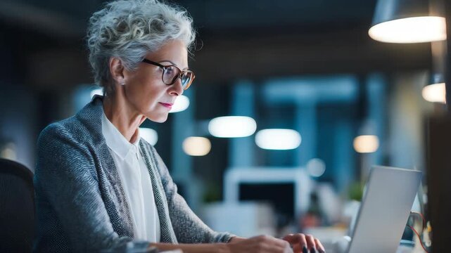 A middle-aged woman with glasses and gray hair focused on her work on a laptop computer in an office setting during nighttime.