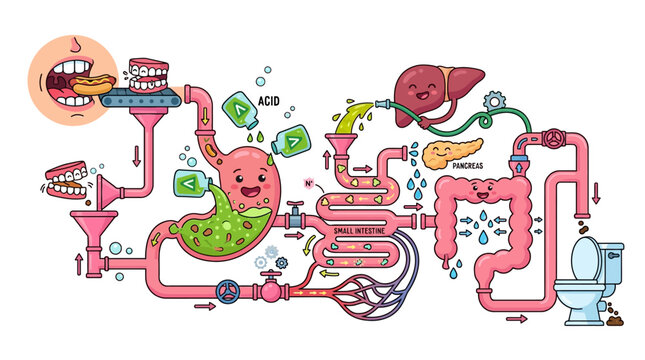 Human Digestive System Factory. Colorful cartoon infographic showing food processing from mouth to toilet. Ideal for educational materials, health blogs, and biology lessons.
