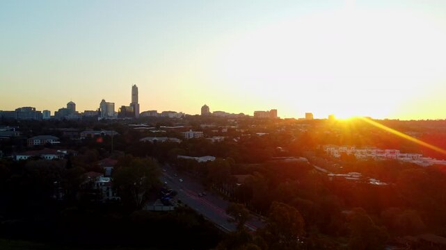 Drone view of Sandton at sunset