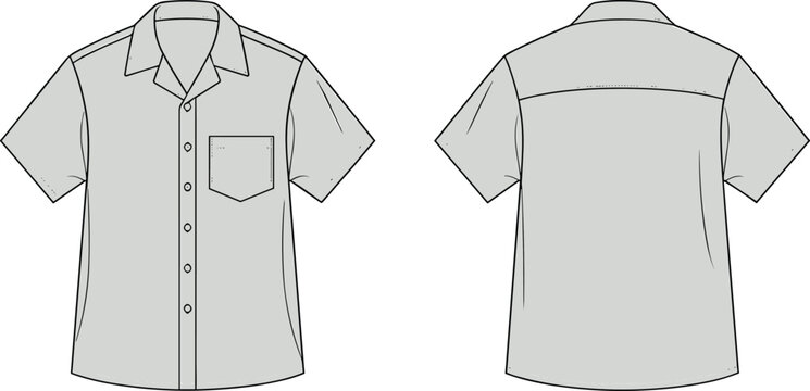 Mens classic light gray short sleeve camp collar button up shirt garment flat vector template for casual wear and uniform design