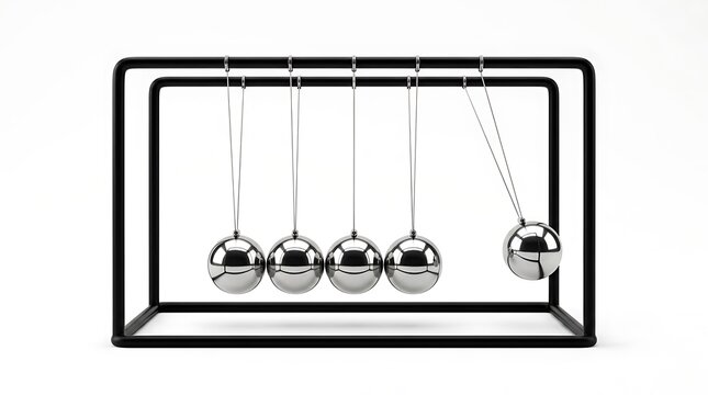 Newton cradle with shiny metal spheres swinging in a metal frame