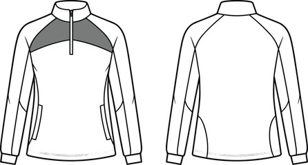 Front and back technical flat drawing of a modern mens quarter zip pullover top © MdMokter