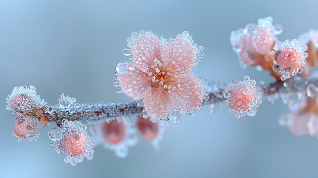 Frozen pink blossoms covered in ice crystals, delicate and beautiful.