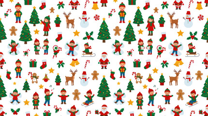 Obraz premium Christmas Holiday Flat Vector Seamless Pattern with Cute Kids, Santa, Trees and Winter Decorations