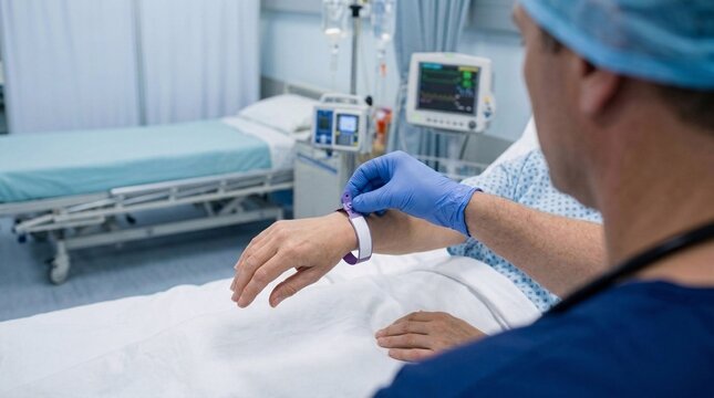 Male doctor checking identification bracelet on patient wrist in modern hospital ward