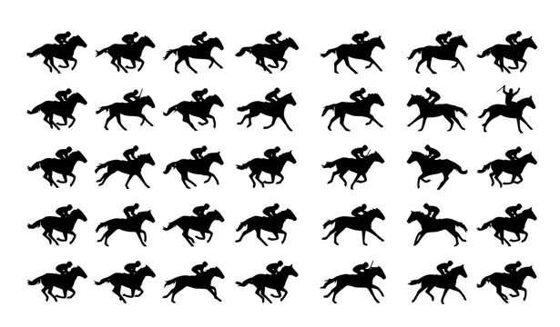 Jockey Riding Galloping Horse Silhouette Vector Collection Isolated on White Background
