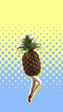 Seamless young vertical video of cartoon style walking pineapple with halftone effect . Stop motion surreal art background isolated with copyspace.