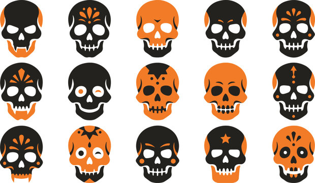 Collection of decorative human skulls with orange and black patterns for halloween isolated on transparent background