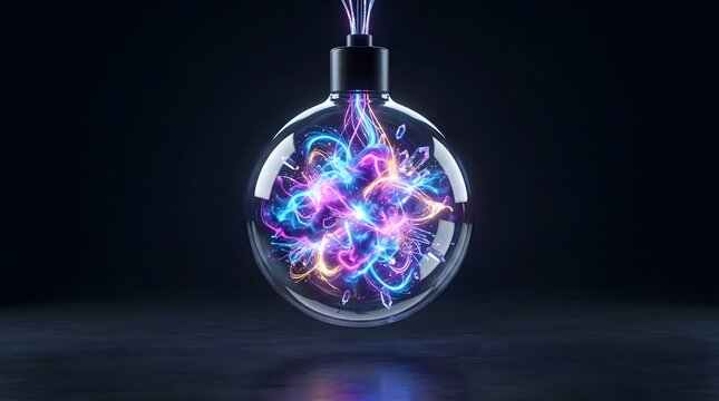 Lightbulb glows with colorful abstract energy swirls in a dark environment.