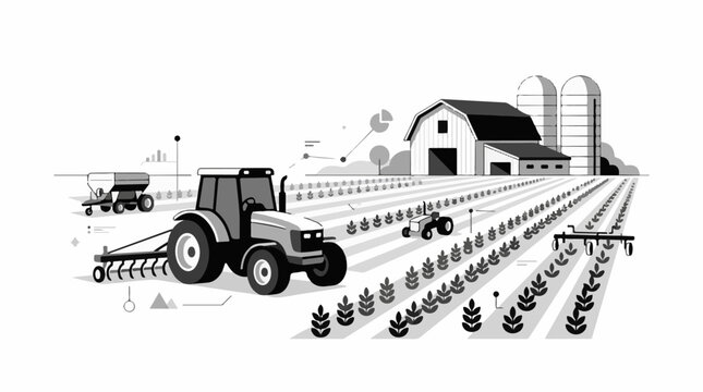 Modern farm with tractors silos barn and rows of crops