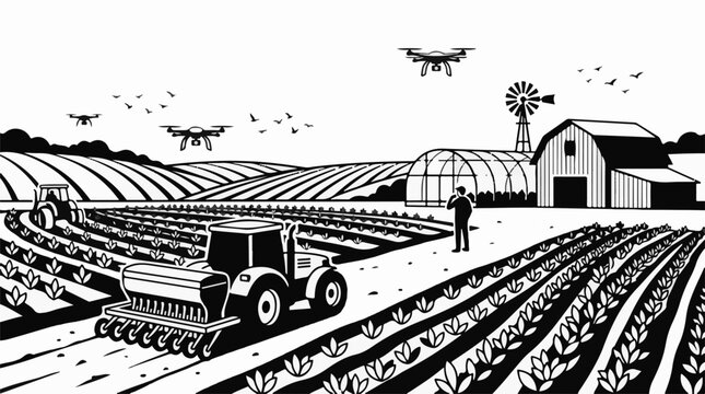Modern farm with tractors drones and greenhouse symbolizing progress
