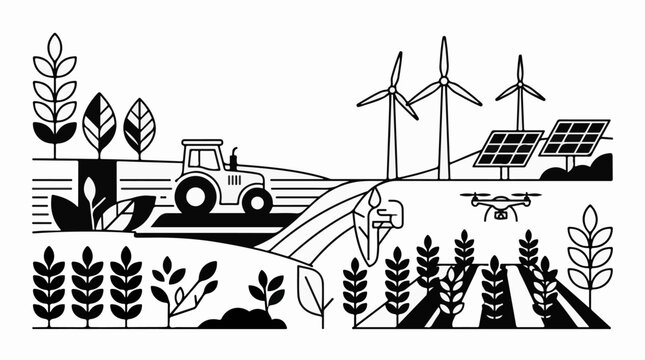 Modern farm with tractor wind turbines solar panels and drone