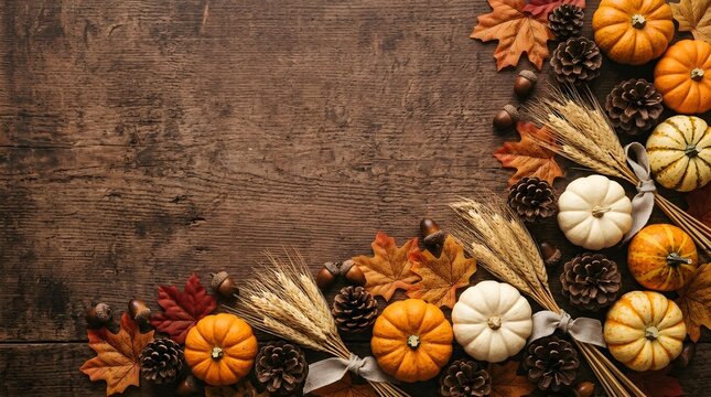 Pumpkins decorate a rustic wooden background with natural autumnal harvest items.