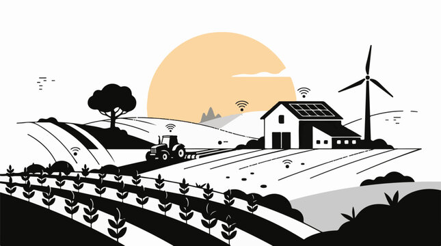 Modern farm with tractor solar panels wind turbine and crops (1)
