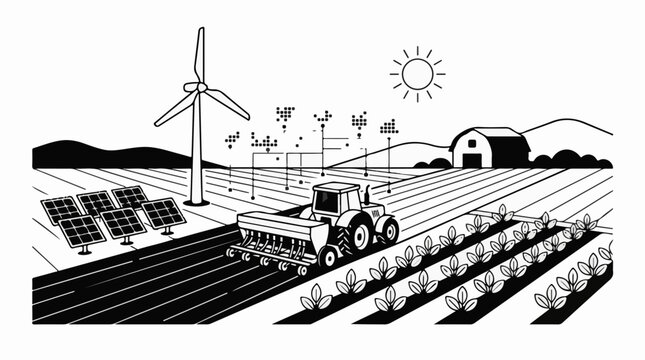 Modern farm with tractor solar panels wind turbine and crops