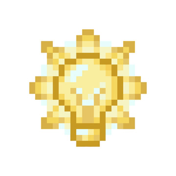 Yellow pixel light bulb with sun rays.