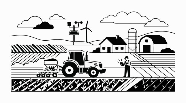 Modern farm with tractor farmer and automated technology